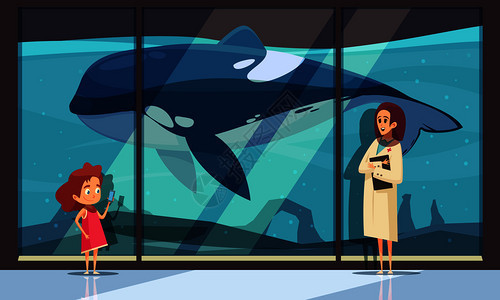 海豚馆横向构图与酒店水族馆墙女人物的解释少女矢量插图参观海豚馆博物馆构图图片