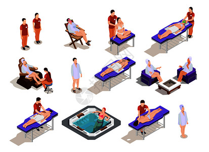 水疗沙龙等距图标与客户工作人员的身体部护理程序隔离矢量插图水疗沙龙等距图标图片