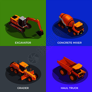黑色黄色建筑车辆的地工作运输材料等距孤立矢量插图建筑车辆等距图片