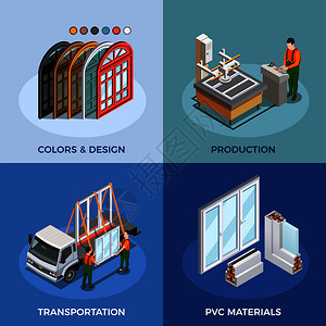 PVC窗等距与颜色材料生产运输孤立矢量插图聚氯乙烯窗户等距图片