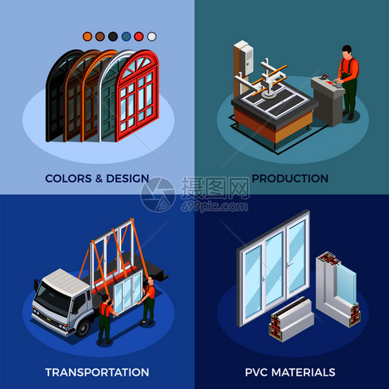 PVC窗等距与颜色材料生产运输孤立矢量插图聚氯乙烯窗户等距图片