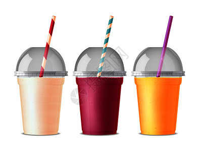 三种颜色的外卖快餐塑料杯,用于饮用果汁可乐茶冰沙,带管道透明盖孤立矢量插图外卖快餐塑料眼镜背景图片
