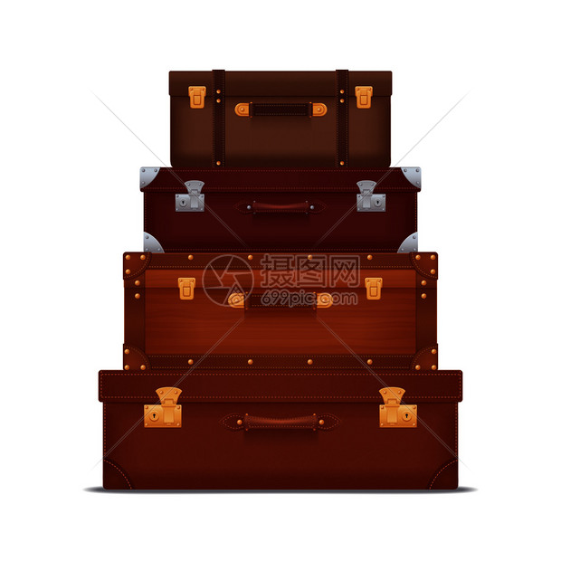 真实的构图,代表叠老式手提箱树干与锁金属角矢量插图叠老式手提箱图片