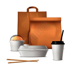 快餐包装与纸袋,塑料容器眼镜,用于饮料冰淇淋的现实矢量插图快餐包装逼真的理念图片