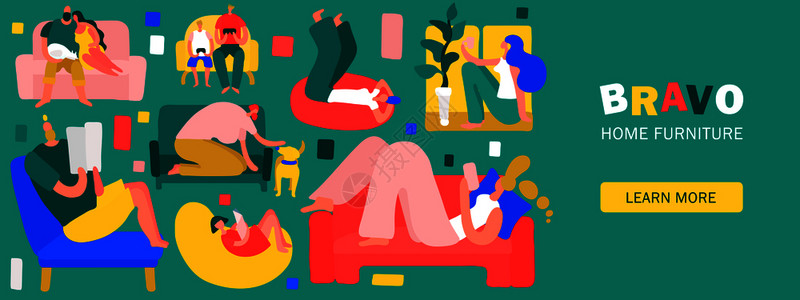 人们坐柔软的彩色家具上,躺家里的平矢量插图上人们家插图图片