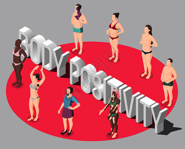 身体积极等距海报,人们站红色圆形穿着泳衣,隐藏身体矢量插图的特征身体积极等距海报图片