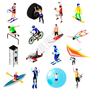 极限运动等距图标集的轻人参与权力跑酷蹦极跳潜水皮划艇滑雪板跳伞孤立矢量插图极限运动等距图标背景图片