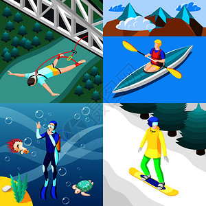 极限运动2x2与人们事蹦极跳水皮划艇滑雪板等距矢量插图极限运动2x2理念图片