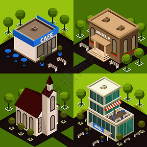 城市建筑历史现代公共建筑4等距图标与博物馆教堂咖啡馆矢量插图城市建筑等距图片