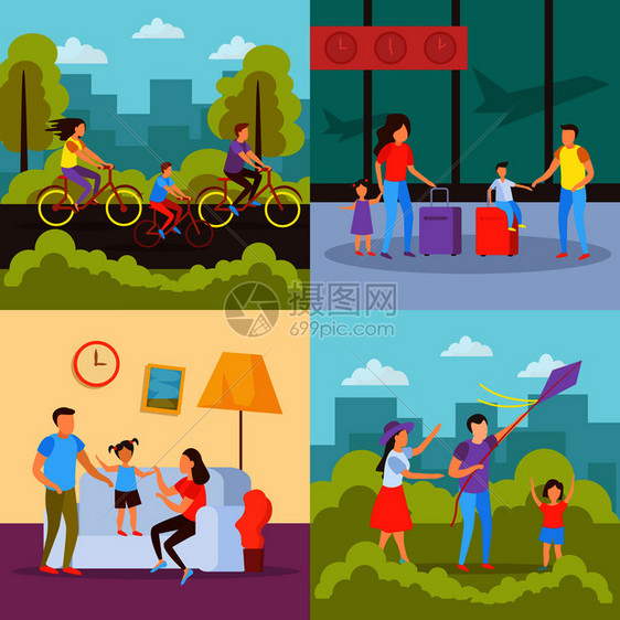 家庭空闲时间活动4个正交图标与假期旅行户外自行车回家矢量插图家庭活动正交图片