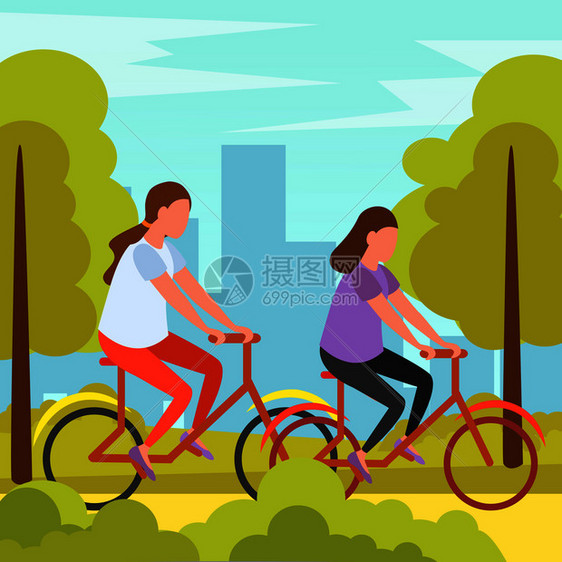 最好的朋友暑假户外活动正交作文与女孩公园骑自行车矢量插图女孩友谊正交合图片
