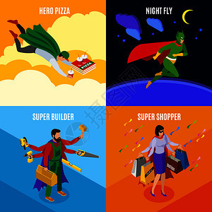 超级英雄建设者购物者比萨饼送货夜间飞行等距孤立矢量插图超级英雄等距背景图片