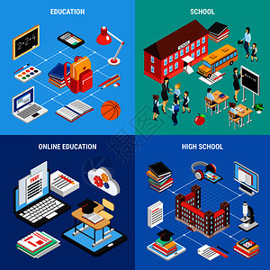 教育等距2x2与学校建筑工具学课堂电子学三维孤立矢量插图教育等距2x2理念图片