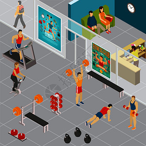 健身等距构图与室内视野的体操区身厅与人的特点,出席人的矢量插图等距健身房的成图片