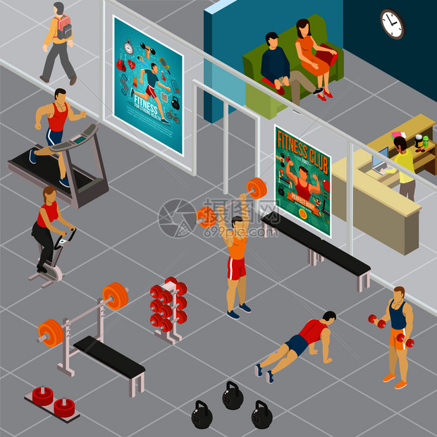 健身等距构图与室内视野的体操区身厅与人的特点,出席人的矢量插图等距健身房的成图片