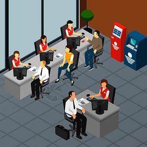 信用卡机银行等距成与室内视图银行分行大堂与女职员客户人物矢量插图