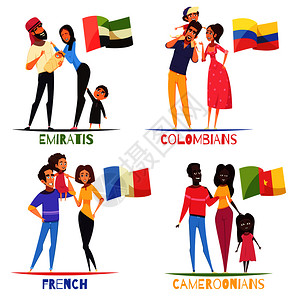 家庭同民族的孩子,法国人,哥伦比亚人,喀麦隆人,阿拉伯人阿联酋,矢量插图家庭民族理念图片