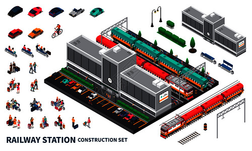 火车站构造器元素与现代车站建筑列车乘客行李等待出发大厅等距矢量插图火车站建设人员套图片