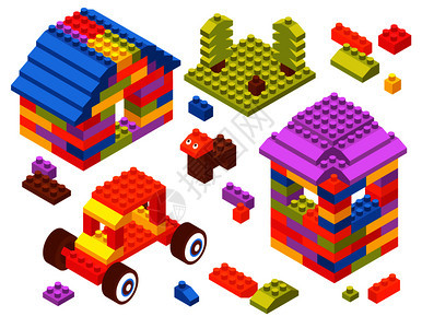 儿童玩具构造器等距构图与拖拉机塔屋狗彩色积木矢量插图玩具构造函数等距块图片