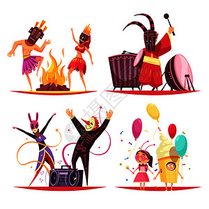 苏州同得里人们穿着同的服装,狂欢节派上玩得很开心,2x2卡通孤立矢量