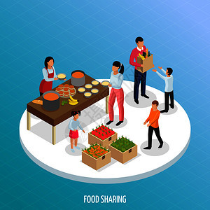 共享经济等距背景,以成熟的水果现成的食物与人分享矢量插图食物共享等距背景图片