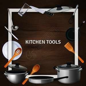 白色装饰方形框架与现实厨房工具木制纹理背景矢量插图现实厨房工具框架背景图片