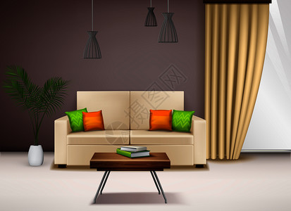 现代舒适的米色爱情座椅与花哨明亮的枕头,美丽的家庭内部装饰思想,现实的矢量插图真实的内部图像图片