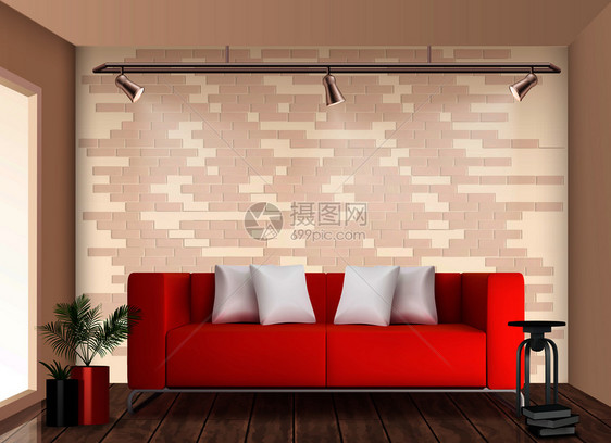 小房间时尚的室内与红色沙发花盆明亮的中墙壁现实矢量插图真实的内部图像图片