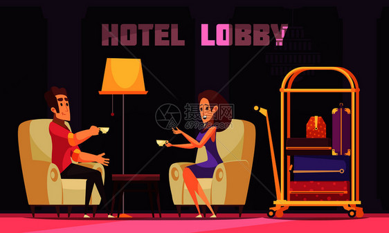 酒店背景成的两个人类角色,大厅内部举行会议,并可编辑的文本矢量插图大厅背景下开会图片