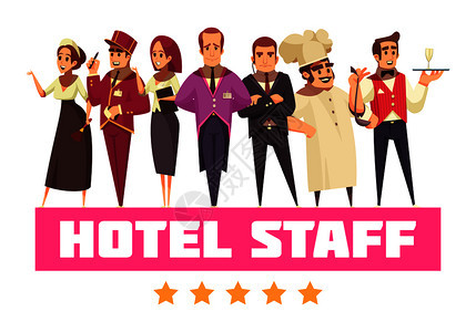 酒店背景构图与套卡通风格的平人物与酒店工人文本矢量插图最好的酒店队背景图片