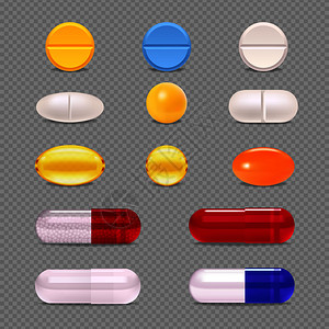透明背景矢量插图上分离出的彩色药物药丸雷吉胶囊药丸透明套装图片
