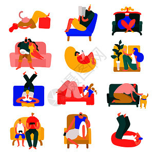 人们空闲时间休息的家提出了丰富多彩的图标收集与放松瑜伽位置矢量插图人们休息回家图片