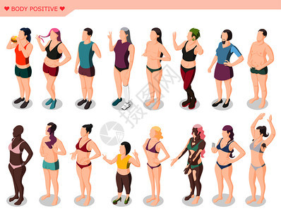 身体积极运动多样集的男女人物穿着泳衣站行等距矢量插图身体正运动等距集图片