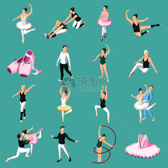 芭蕾舞等距图标舞者夫妇芭蕾舞舞蹈姿势训练练矢量插图芭蕾舞芭蕾舞等距图标图片