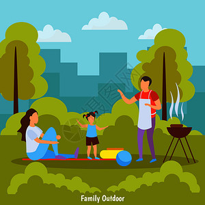 家庭夏季户外活动正交合与烧烤野餐公园与城市天际线背景矢量插图家庭户外正交成图片