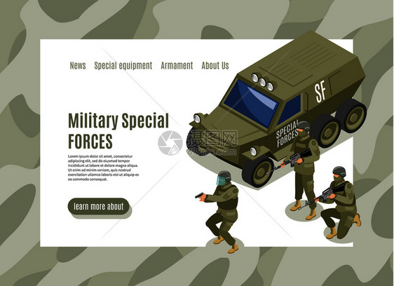 事特种部队等距网页与菜单界队车辆与士兵矢量插图事特种部队网页图片
