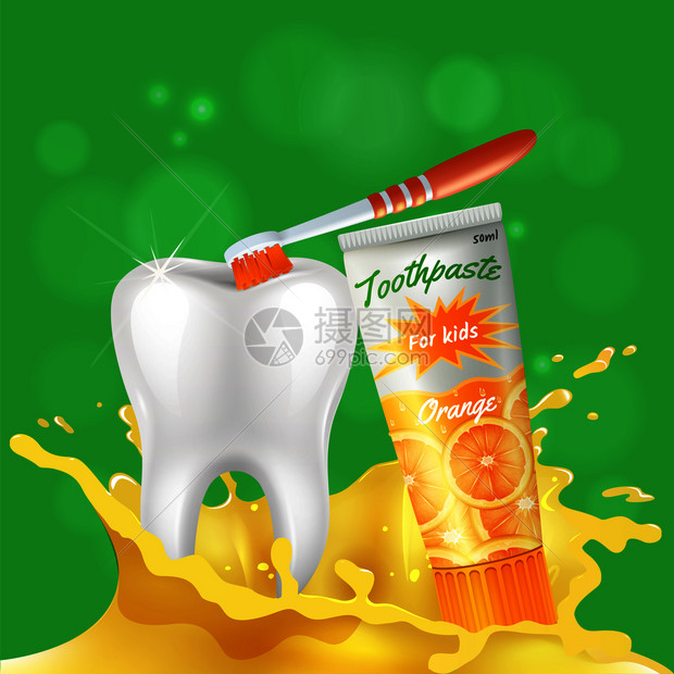 儿童牙科护理现实成与白色闪光健康牙齿刷橙色口味牙膏矢量插图牙齿牙科护理现实图片