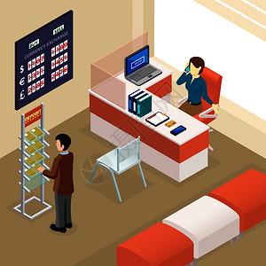 塞班岛当地银行等距成,以等待大厅当地银行分行与人家具矢量插图等距