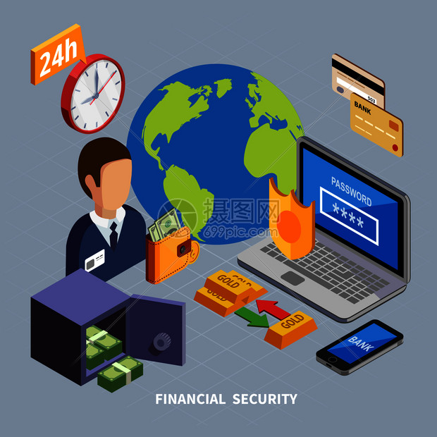 银行等距成的图标象形文字的银行系统与电子设备安全矢量插图金融安全等距构成图片