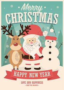 诞快乐卡与诞老人,驯鹿雪人冬季背景,矢量插图图片