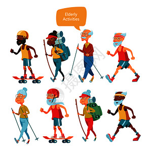 老人祖父母过着健康的生活方式他们事体育运动步行跑步旅游北欧步行老人的套格白色背景上分离的矢量插图片