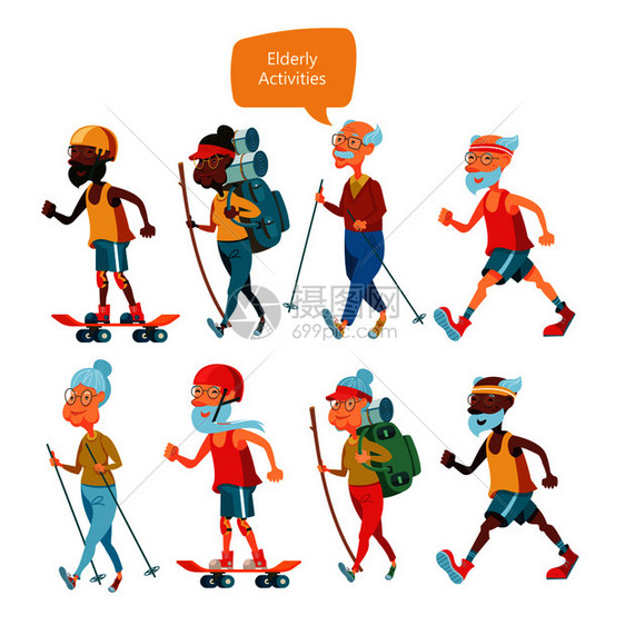 老人祖父母过着健康的生活方式他们事体育运动步行跑步旅游北欧步行老人的套格白色背景上分离的矢量插图片