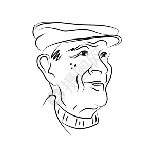 戴帽子的老人的肖像手拉着素描黑白图片