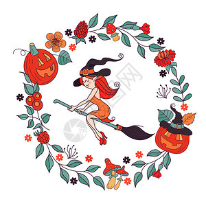 万节快乐矢量插图参加聚会的邀请个戴着帽子的女巫骑着扫帚飞个可怕的南瓜花环,秋天的草药,蘑菇,浆果叶子图片