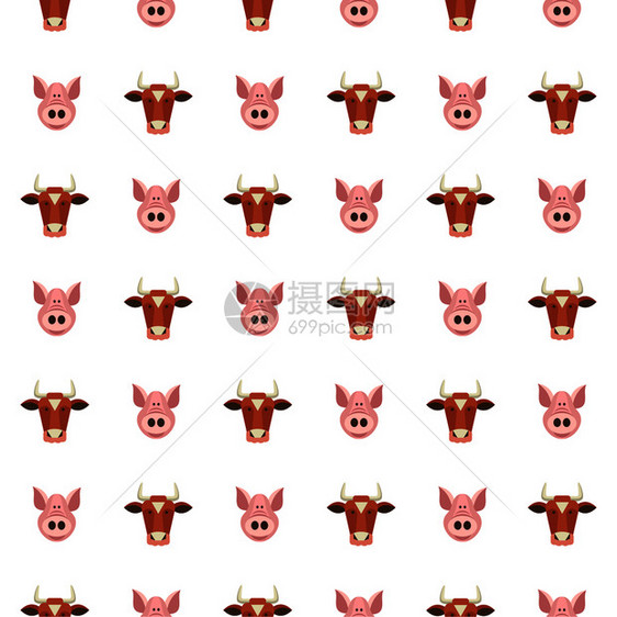 白色背景上的无缝图案可爱的牛猪农产品图片