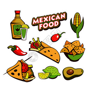 墨西哥食物套流行的墨西哥快餐菜肴卡通风格的矢量插图图片