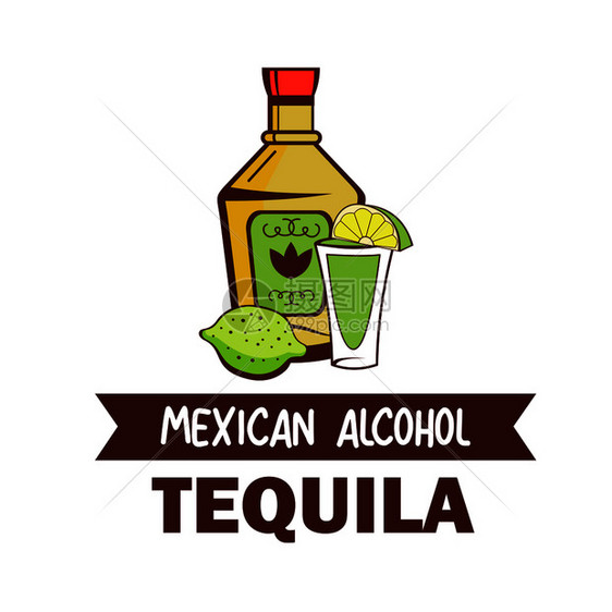 龙舌兰流行的墨西哥酒精饮料仙人掌伏特加卡通风格的矢量插图图片