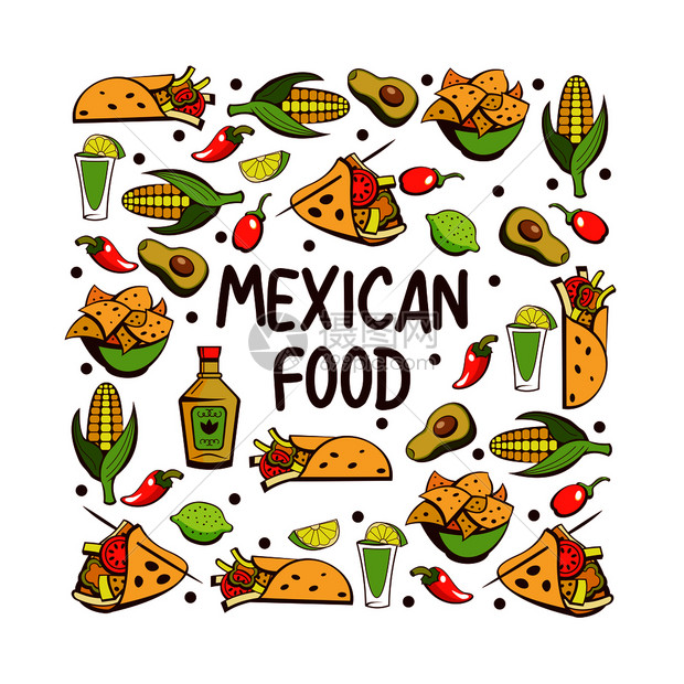 墨西哥食物套流行的墨西哥快餐菜肴卡通风格的矢量插图图片