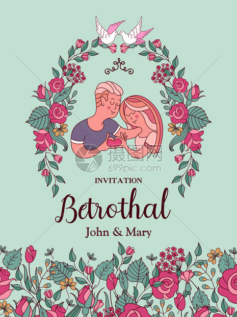 参加订婚派的邀请迷人的矢量插图可爱的他们展示了他们多爱方美丽的玫瑰花圈白鸽浪漫的卡片插画图片下载 正版图片 摄图网