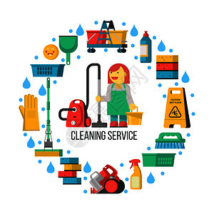 清洁服务清洁图标排列成个圆圈构图的中心,个穿着工作服的专业女佣,带着吸尘器水桶图片